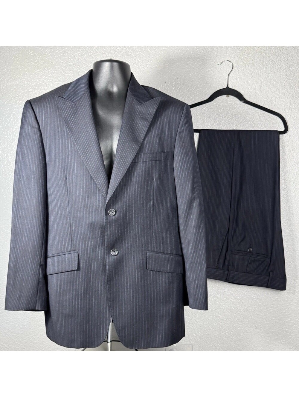 Versace Collection Mens Wool Suit 44 Waist 35” Navy Blue Pinstripe Model 28UX1R